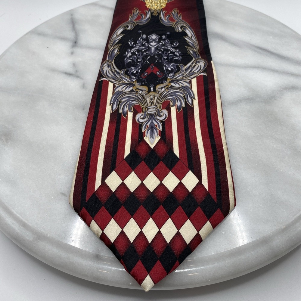 Alberto Celini Mens OS Silk Tie Red Black White Crest Harlequin Stripes
